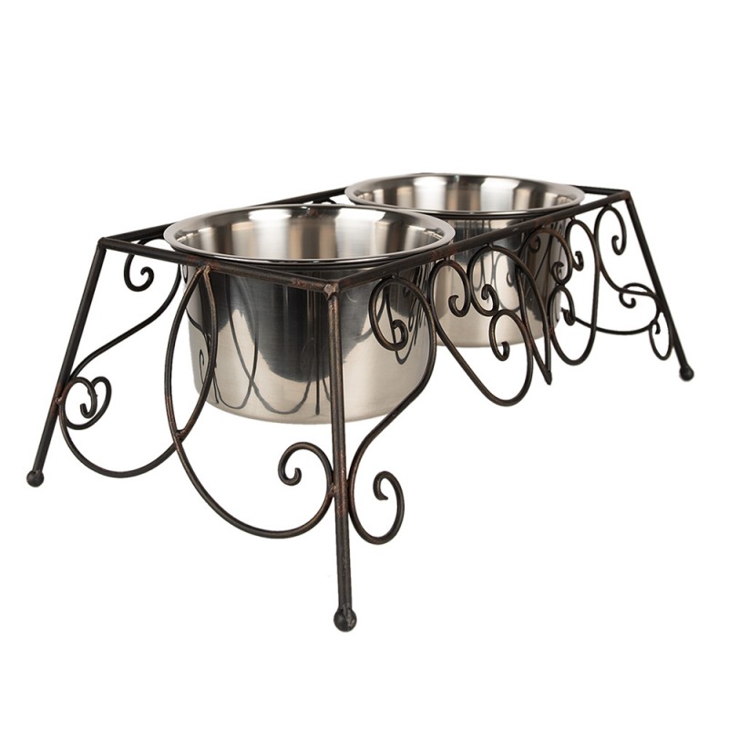 Clayre & Eef 6Y5434 Voerbak Hond 2x2000 Ml Bruin Metaal Rechthoek Voerbak Kat