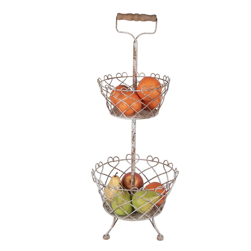 Clayre & Eef 6Y5620 Etagère Ø 28x74 Cm Wit Bruin Metaal Fruitschaal Etagère