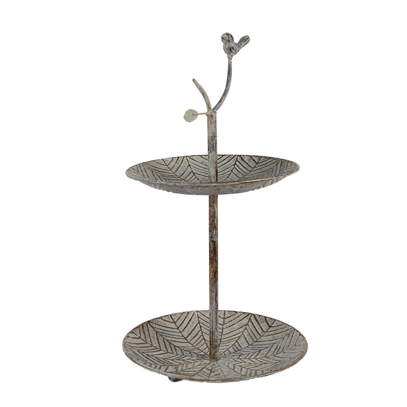 Clayre & Eef 6Y5658 Etagère 2 Laags Ø 26x48 Cm Groen Bruin Metaal Vogel