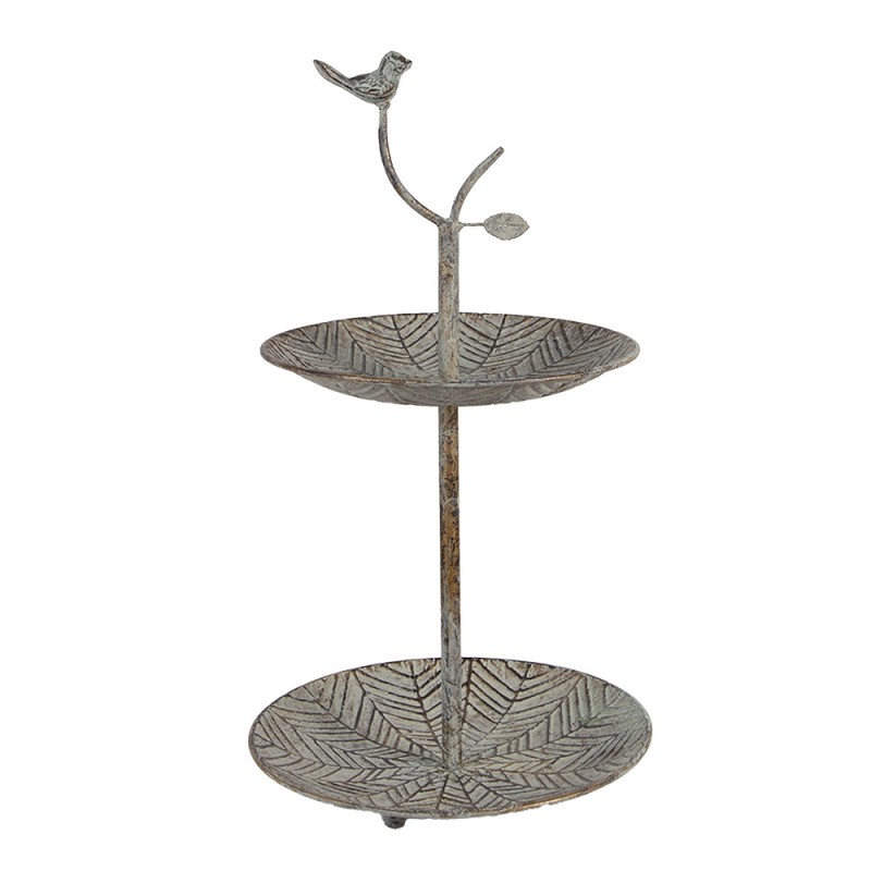 clayre & eef 6Y5658 Etagère 2 laags Ø 26x48 cm Groen Bruin Metaal Vogel