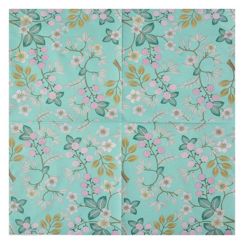 Clayre & Eef 73071 Servetten Papier Set Van 20 33x33 Cm Groen Papier Bloemen