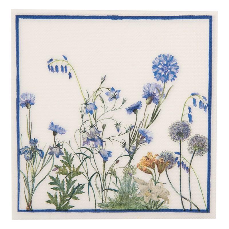 Clayre & Eef 73075 Servetten Papier Set Van 20 33x33 Cm Wit Blauw Papier Bloemen