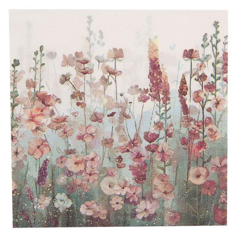 Clayre & Eef 73077 Servetten Papier Set Van 20 33x33 Cm Wit Roze Papier Bloemen