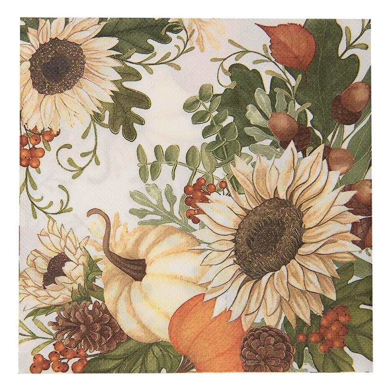 Clayre & Eef 73082 Servetten Papier Set Van 20 33x33 Cm Wit Beige Papier Bloemen