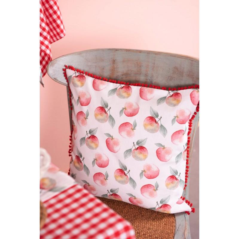 Clayre & Eef APY25 Kussenhoes Stoelkussen 40x40 Cm Wit Rood Katoen Appels Vierkant Sierkussen