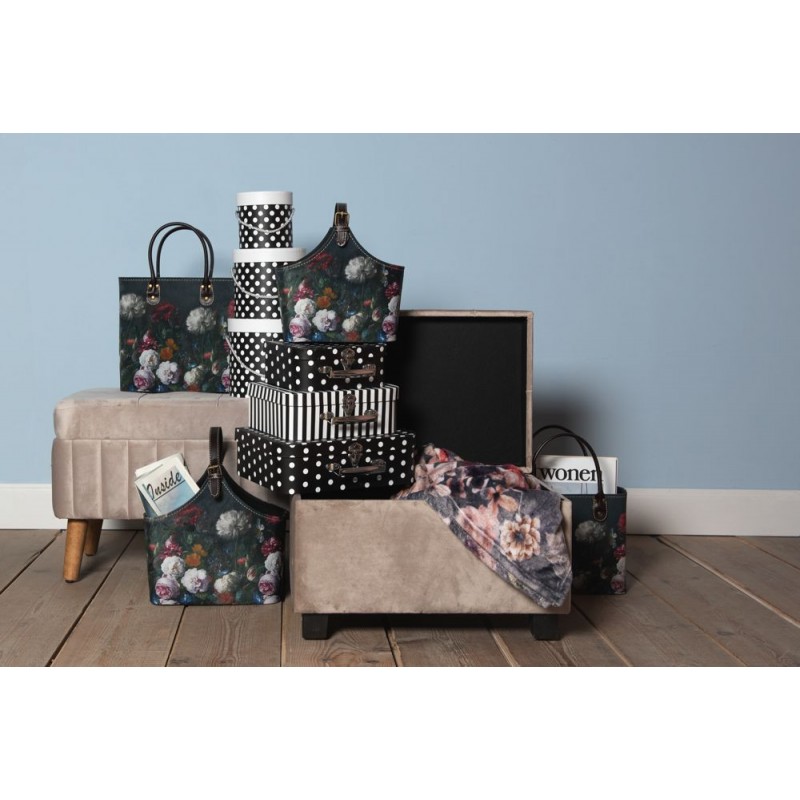 Clayre & Eef BAG322 Handtas Dames 26x12x26/35 Cm Zwart Papier Bloemen Rechthoek Tas