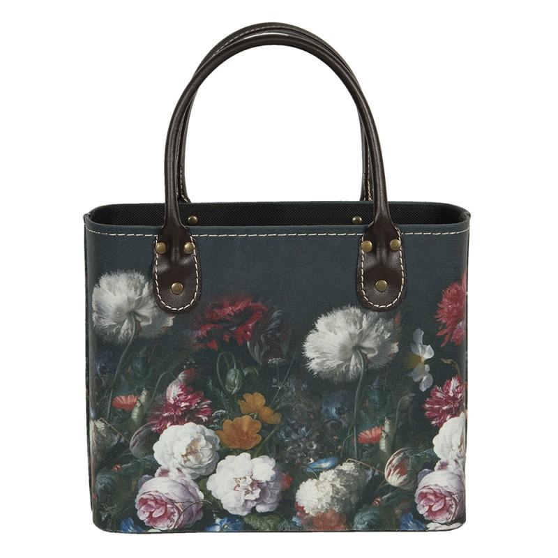 clayre & eef BAG322 Handtas Dames 26x12x26/35 cm Zwart Papier Bloemen Rechthoek Tas