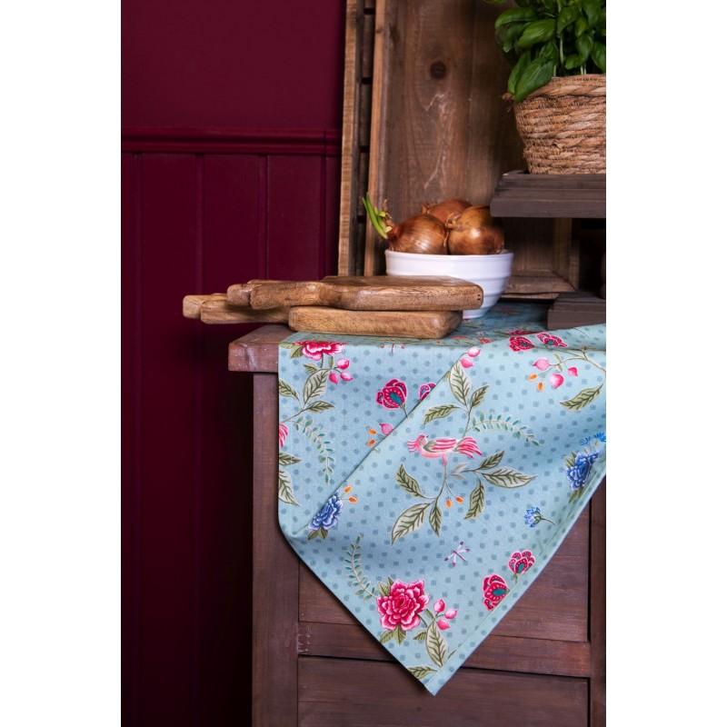 Clayre & Eef BLW65 Tafelloper 50x160 Cm Blauw Groen Katoen Bloemen Tafelkleed