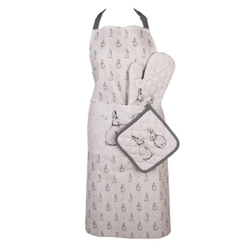 Clayre & Eef BNS41 Keukenschort 70x85 Cm Beige Grijs Katoen Konijn
