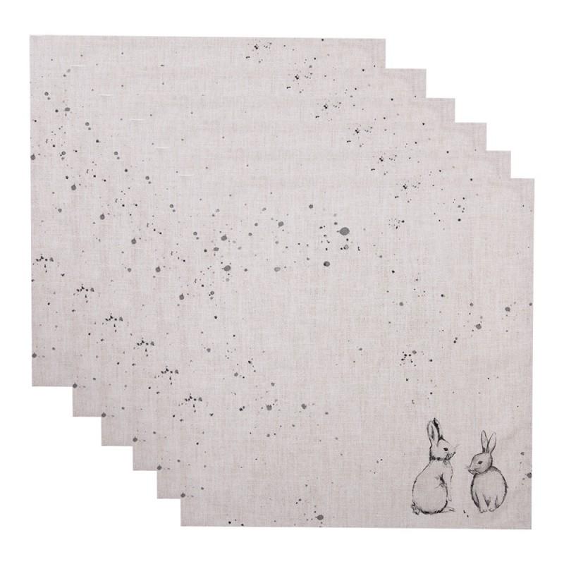 Clayre & Eef BNS43 Servetten Katoen Set Van 6 40x40 Cm Beige Grijs Katoen Konijn Vierkant