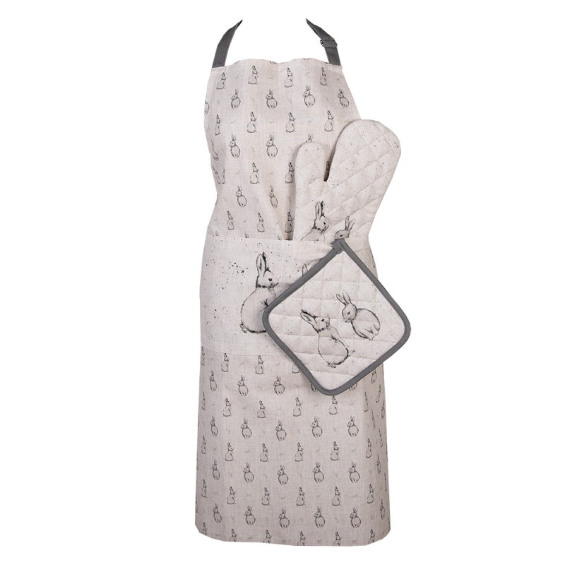 Clayre & Eef BNS45 Pannenlap 20x20 Cm Beige Grijs Katoen Konijn Vierkant