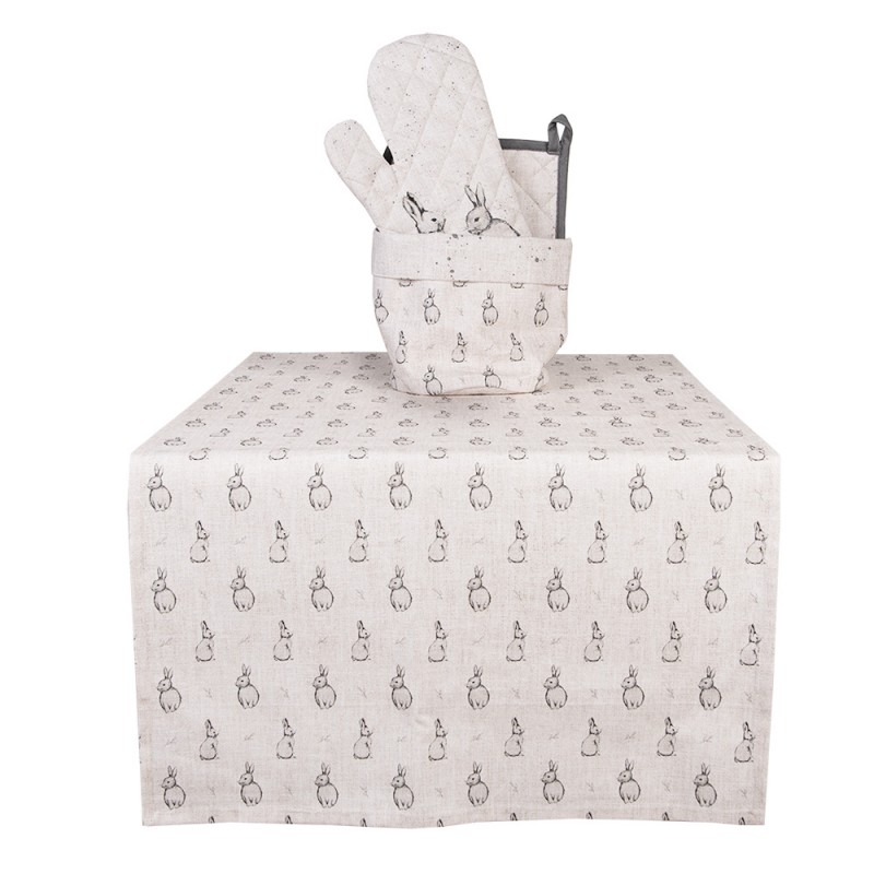 Clayre & Eef BNS64 Tafelloper 50x140 Cm Beige Grijs Katoen Konijn