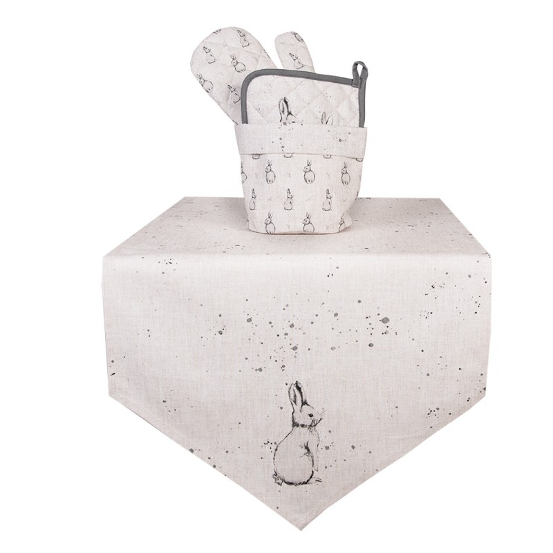 Clayre & Eef BNS65 Tafelloper 50x160 Cm Beige Grijs Katoen Konijn