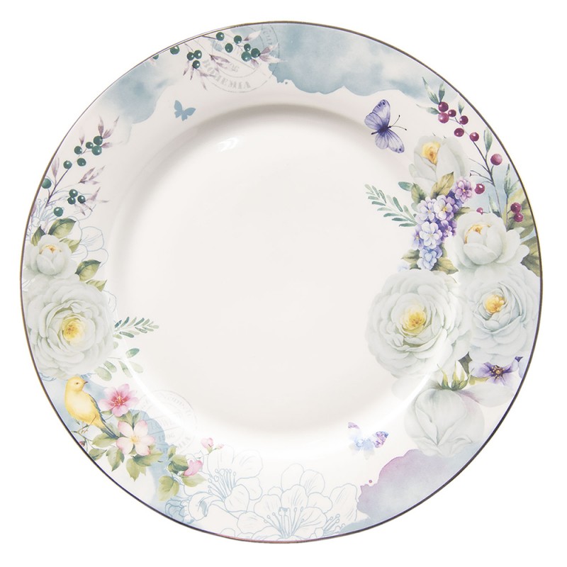 Clayre & Eef BUTFP Dinerbord Ø 26 Cm Wit Blauw Porselein Bloemen Rond Eetbord