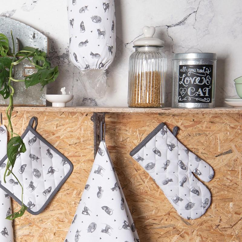 Clayre & Eef CAK44 Ovenwant 18x30 Cm Grijs Wit Katoen Katten Ovenhandschoen