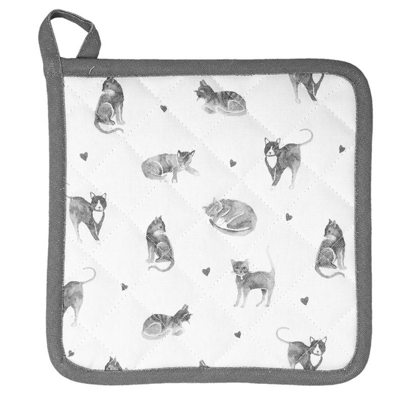 Clayre & Eef CAK45 Pannenlap 20x20 Cm Grijs Wit Katoen Katten Vierkant Afgiet Pannenlap