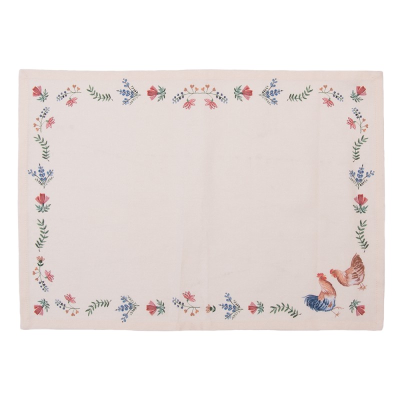 Clayre & Eef CAR40 Placemats Set Van 6 50x35 Cm Beige Blauw Katoen Kip En Haan Rechthoek Tafelmat