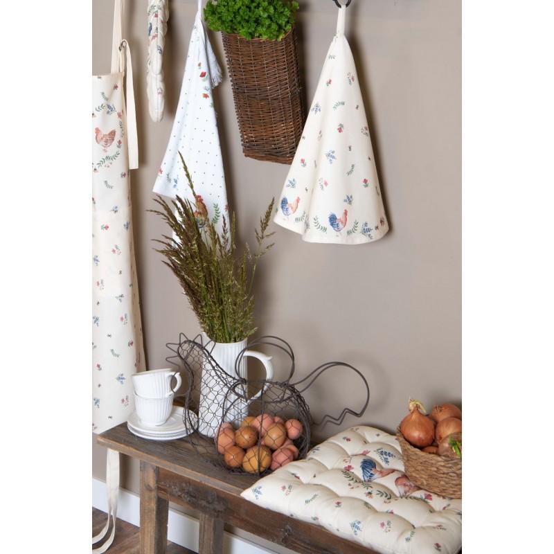 Clayre & Eef CAR48 Theedoek Ø 80 Cm Beige Blauw Katoen Kip En Haan Rond Keukenhanddoek