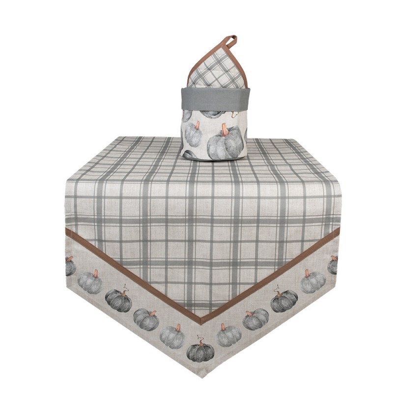 Clayre & Eef CSP65 Tafelloper 50x160 Cm Grijs Katoen Pompoen