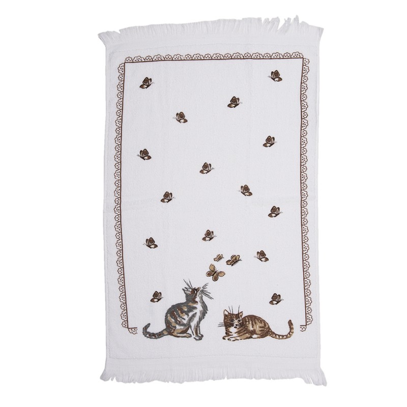 Clayre & Eef CT014 Gastendoekje 40x66 Cm Wit Bruin Katoen Katten Toilet Handdoek