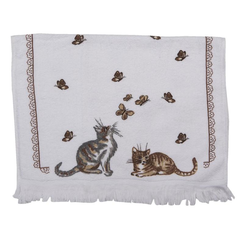 clayre & eef CT014 Gastendoekje 40x66 cm Wit Bruin Katoen Katten Toilet Handdoek