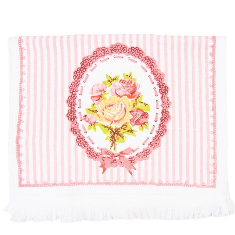 clayre & eef CT020 Gastendoekje 40x66 cm Wit Roze Katoen Rozen Rechthoek Toilet Handdoek