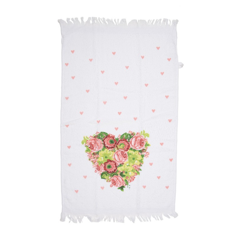 Clayre & Eef CT033 Gastendoekje 40x66 Cm Wit Roze Katoen Hart Rechthoek