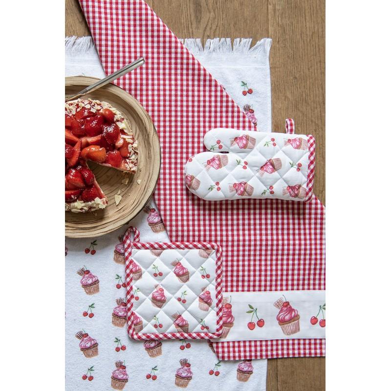 Clayre & Eef CUP42-1 Theedoek 50x70 Cm Rood Wit Katoen Cupcakes Keukenhanddoek