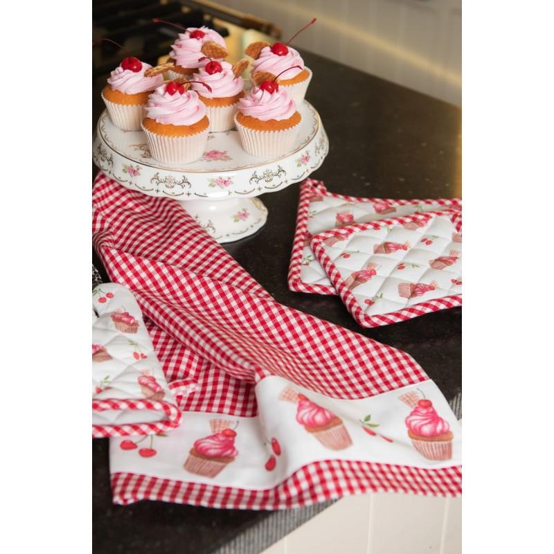 Clayre & Eef CUP42-1 Theedoek 50x70 Cm Rood Wit Katoen Cupcakes Keukenhanddoek