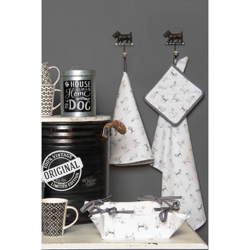 Clayre & Eef DOF47 Broodmand 35x35x8 Cm Wit Grijs Katoen Teckel Vierkant Cadeau Keuken