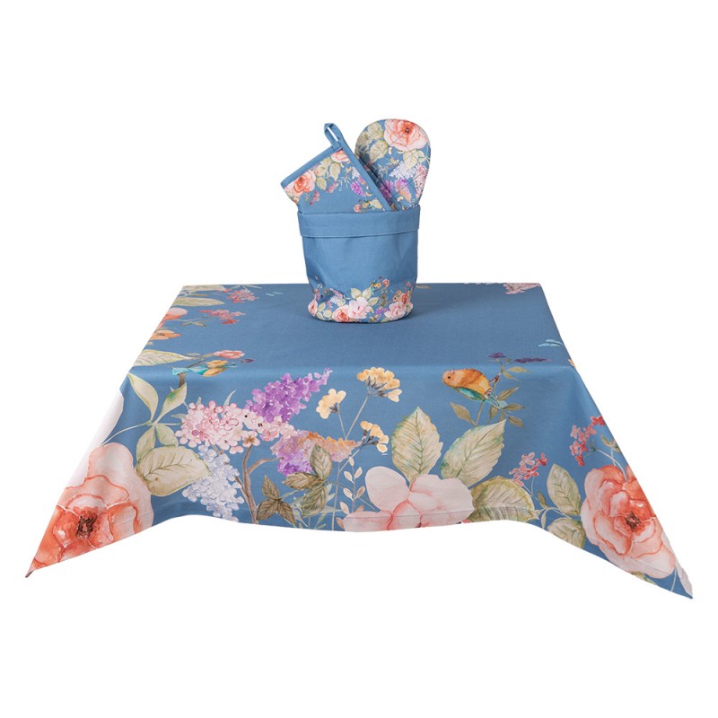 Clayre & Eef FFA01BL Tafelkleed 100x100 Cm Blauw Katoen Bloemen Vierkant