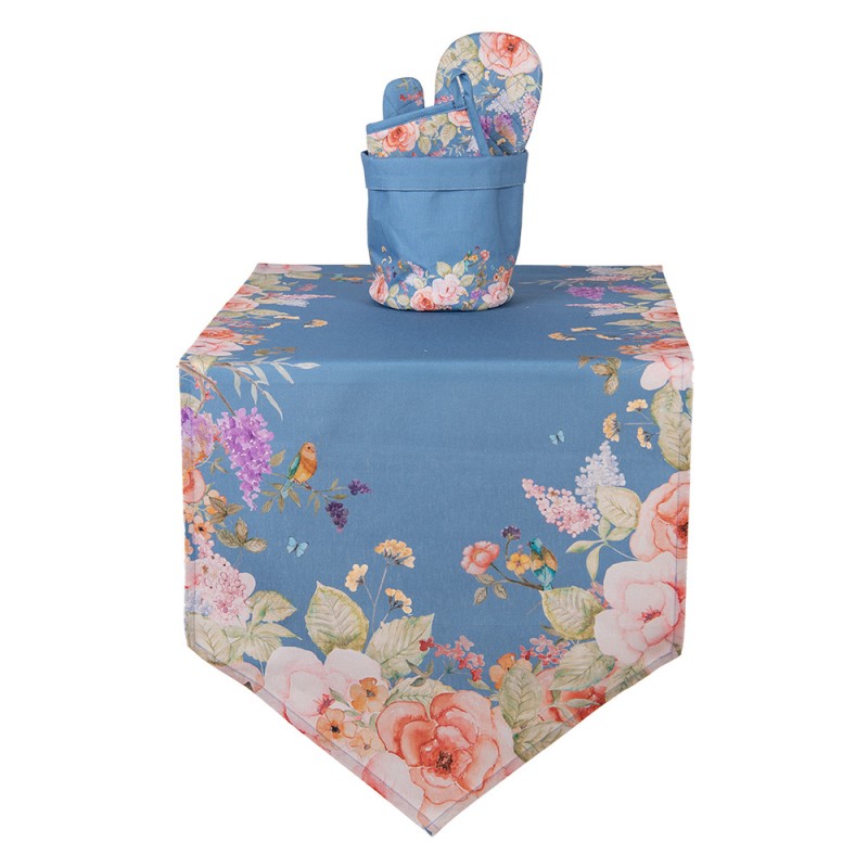 Clayre & Eef FFA65BL Tafelloper 50x160 Cm Blauw Katoen Bloemen