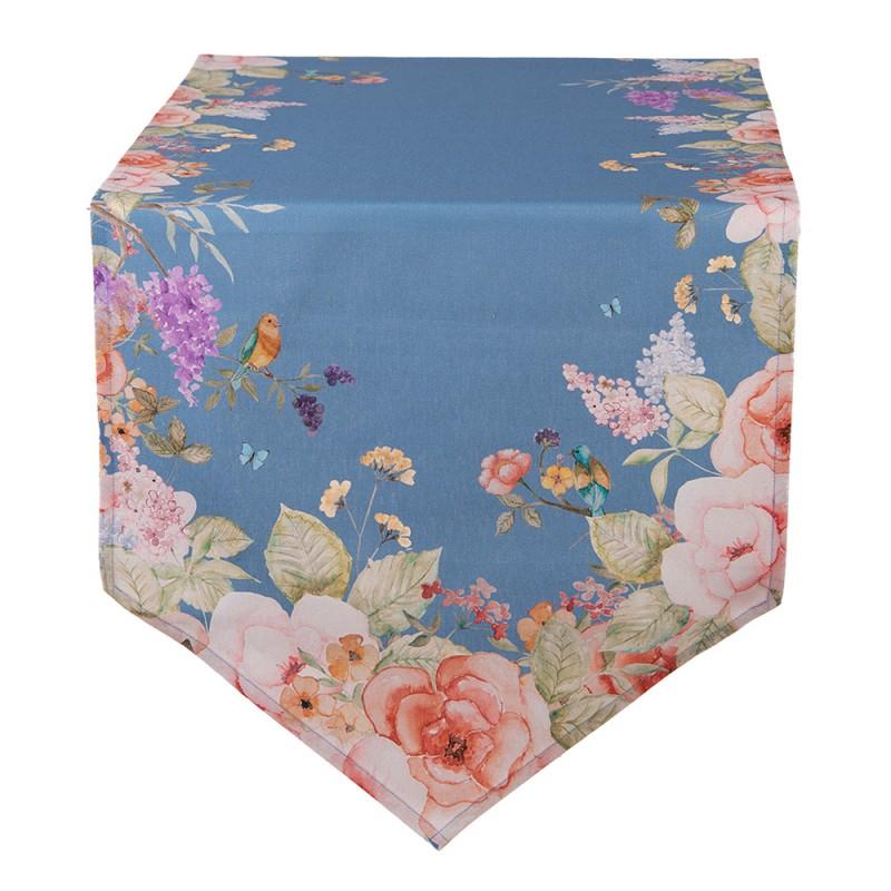 clayre & eef FFA65BL Tafelloper 50x160 cm Blauw Katoen Bloemen