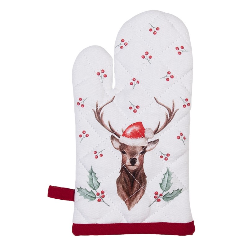clayre & eef HCH44K Kind Ovenwant 12x21 cm Wit Rood Katoen Hert Hulstbladeren Ovenhandschoen