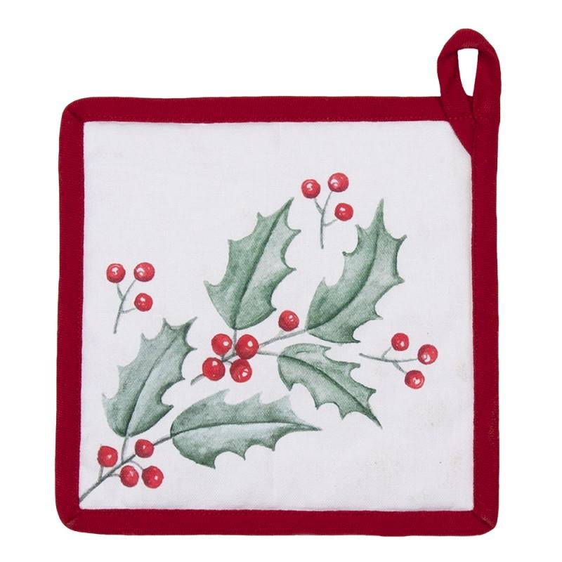 Clayre & Eef HCH45 Pannenlap 20x20 Cm Wit Rood Katoen Hulstbladeren Vierkant Afgiet Pannenlap