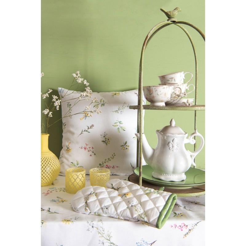 Clayre & Eef HFL41 Keukenschort 70x85 Cm Wit Groen Katoen Bloemen BBQ Schort