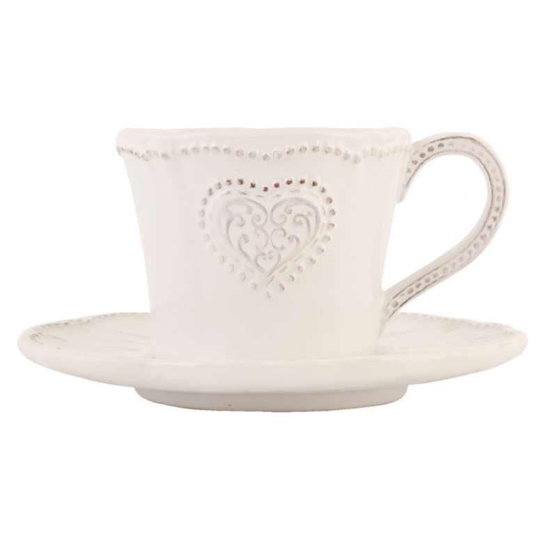 Clayre & Eef HRTKSN Kop En Schotel 220 Ml Beige Keramiek Hart Rond Servies