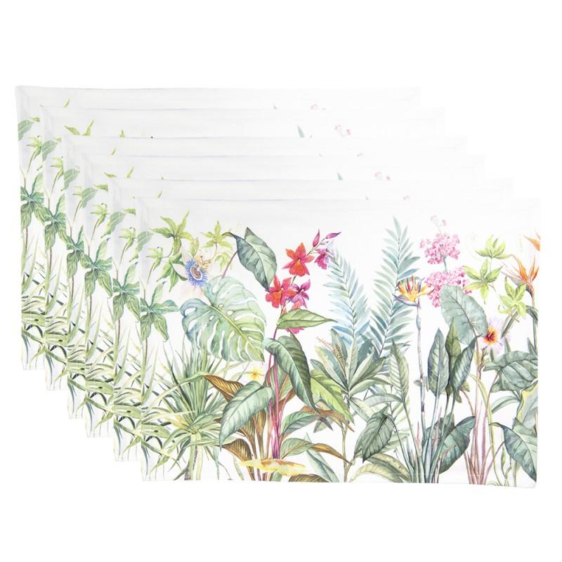 clayre & eef JUB40 Placemats Set van 6 48x33 cm Wit Groen Katoen Jungle Botanics Rechthoek Tafelmat