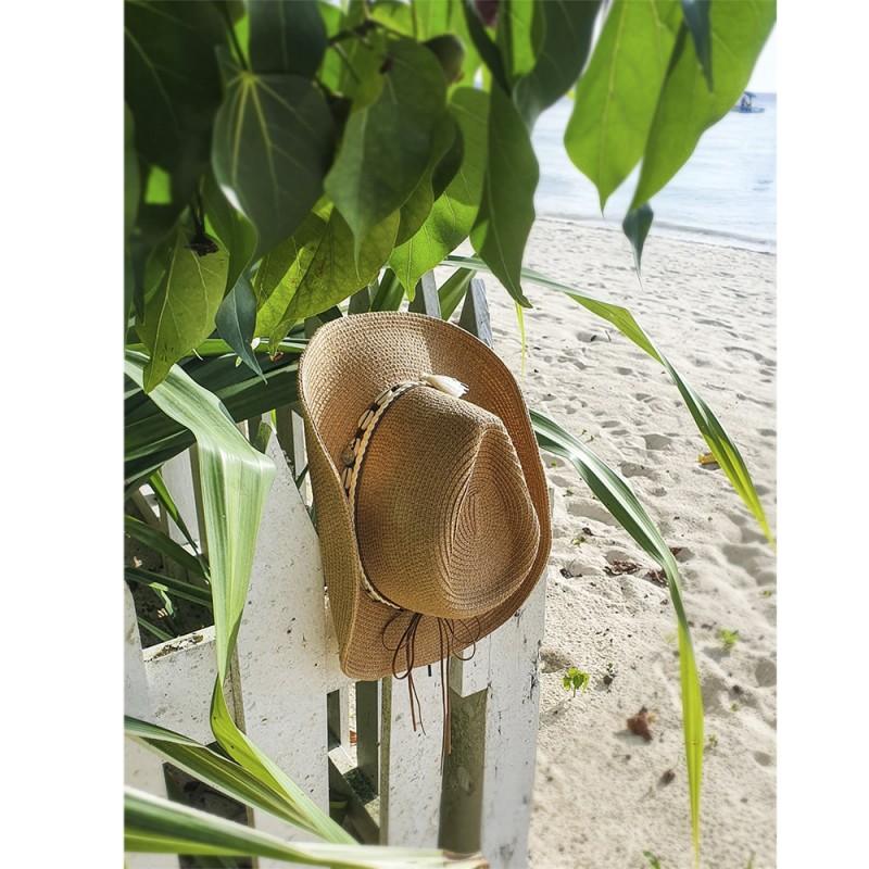 Clayre & Eef JZHA0050CH Hoed Dames Ø58 Cm Bruin Papierstro Schelpen Rond Zonnehoed