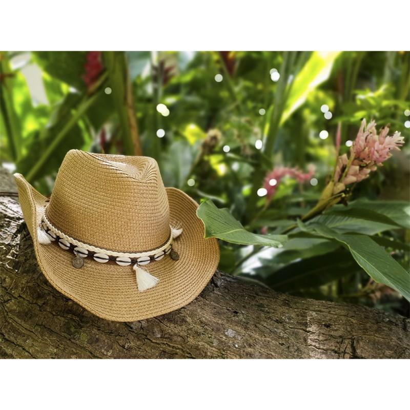 Clayre & Eef JZHA0050CH Hoed Dames Ø58 Cm Bruin Papierstro Schelpen Rond Zonnehoed