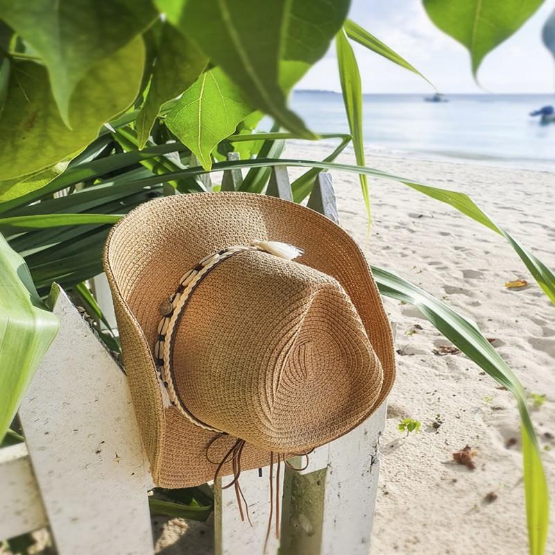 Clayre & Eef JZHA0050CH Hoed Dames Ø58 Cm Bruin Papierstro Schelpen Rond Zonnehoed