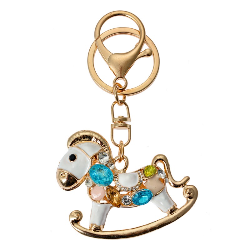 clayre & eef JZKC0197 Sleutelhanger Hobbelpaard 6x2x4 cm Goudkleurig Wit Metaal