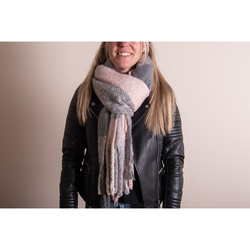 Clayre & Eef JZSC0478P Wintersjaal Dames 50x180 Cm Roze Grijs Synthetisch Ruit Wintershawl
