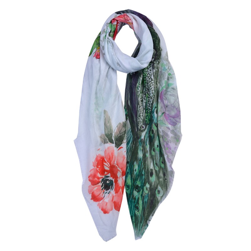 clayre & eef JZSC0676 Sjaal Dames Print 90x180 cm Wit Synthetisch Bloemen Shawl Dames