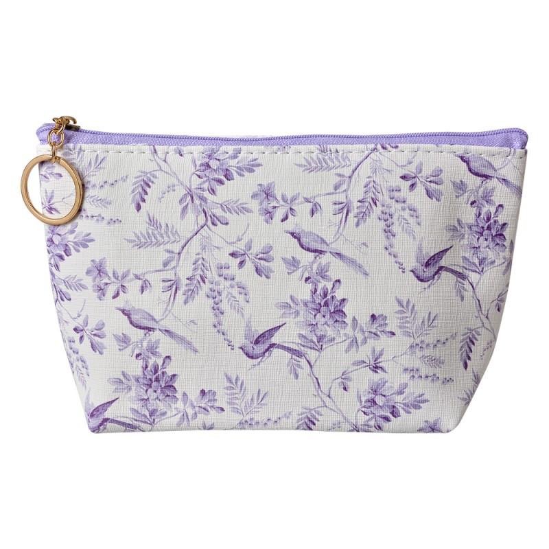 Clayre & Eef JZTB0082 Toilettas Dames 21x5x13 Cm Wit Paars Synthetisch Bloemen