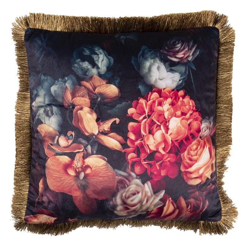 clayre & eef KG023.094 Sierkussen 45x45 cm Zwart Rood Synthetisch Bloemen Vierkant Kussenhoes met Kussenvulling