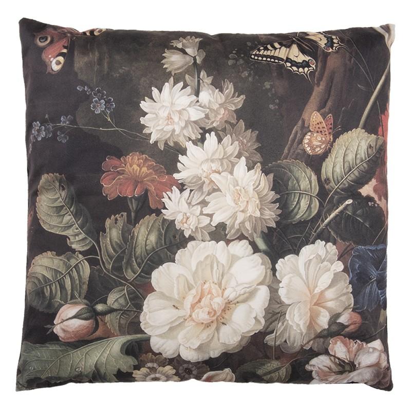 clayre & eef KG023.111 Sierkussen 45x45 cm Zwart Wit Synthetisch Bloemen Vierkant Kussenhoes met Kussenvulling