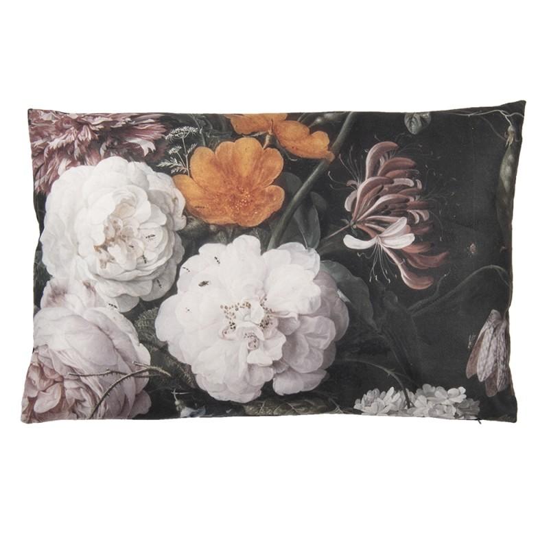 Clayre & Eef KG036.008 Sierkussen 60x40 Cm Zwart Wit Polyester Bloemen Rechthoek Kussenhoes Met Kussenvulling