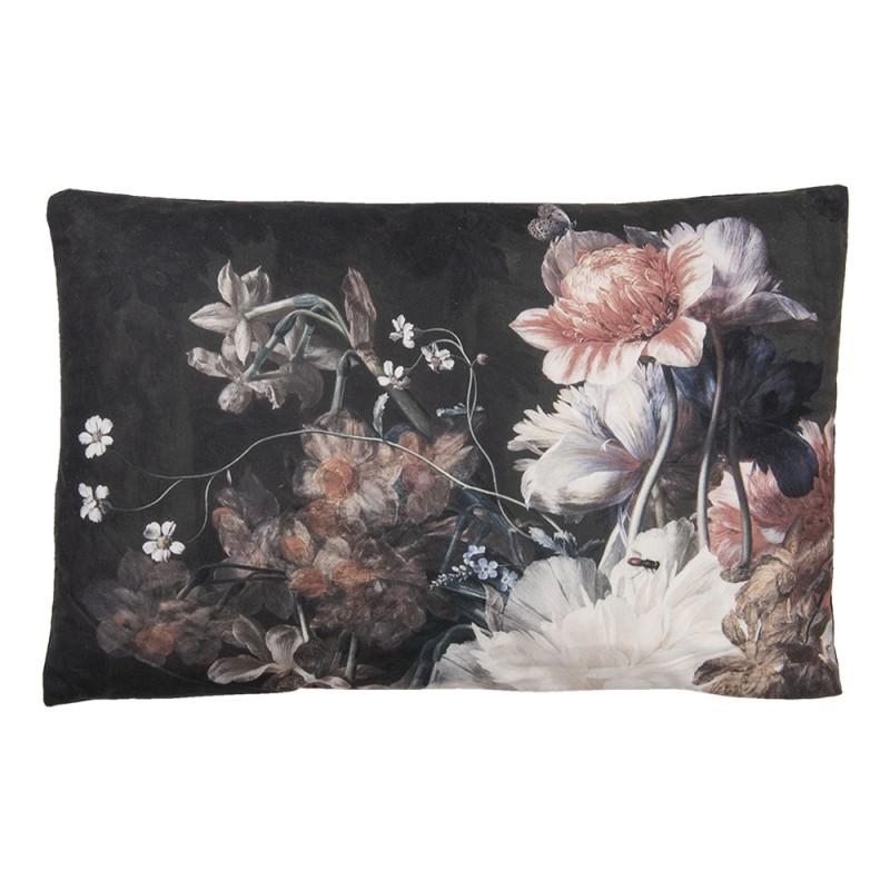 Clayre & Eef KG036.009 Sierkussen 60x40 Cm Zwart Wit Polyester Bloemen Rechthoek Kussenhoes Met Kussenvulling