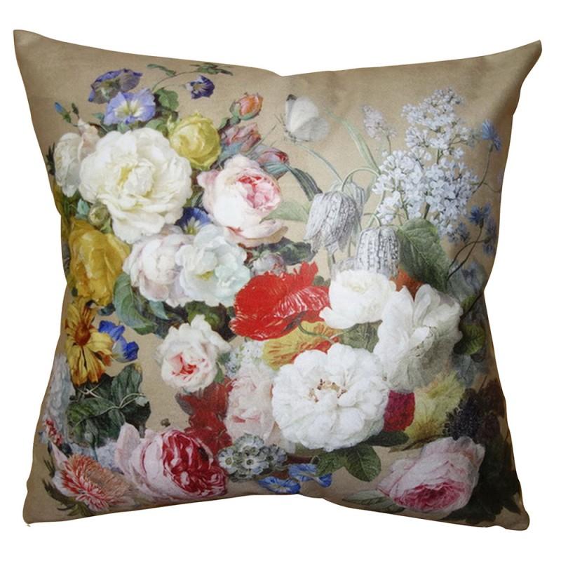 Clayre & Eef KT021.218 Kussenhoes 45x45 Cm Beige Wit Polyester Bloemen Vierkant Sierkussenhoes
